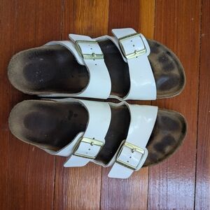 Birkenstock Arizona White Sandals with Gold Buckles